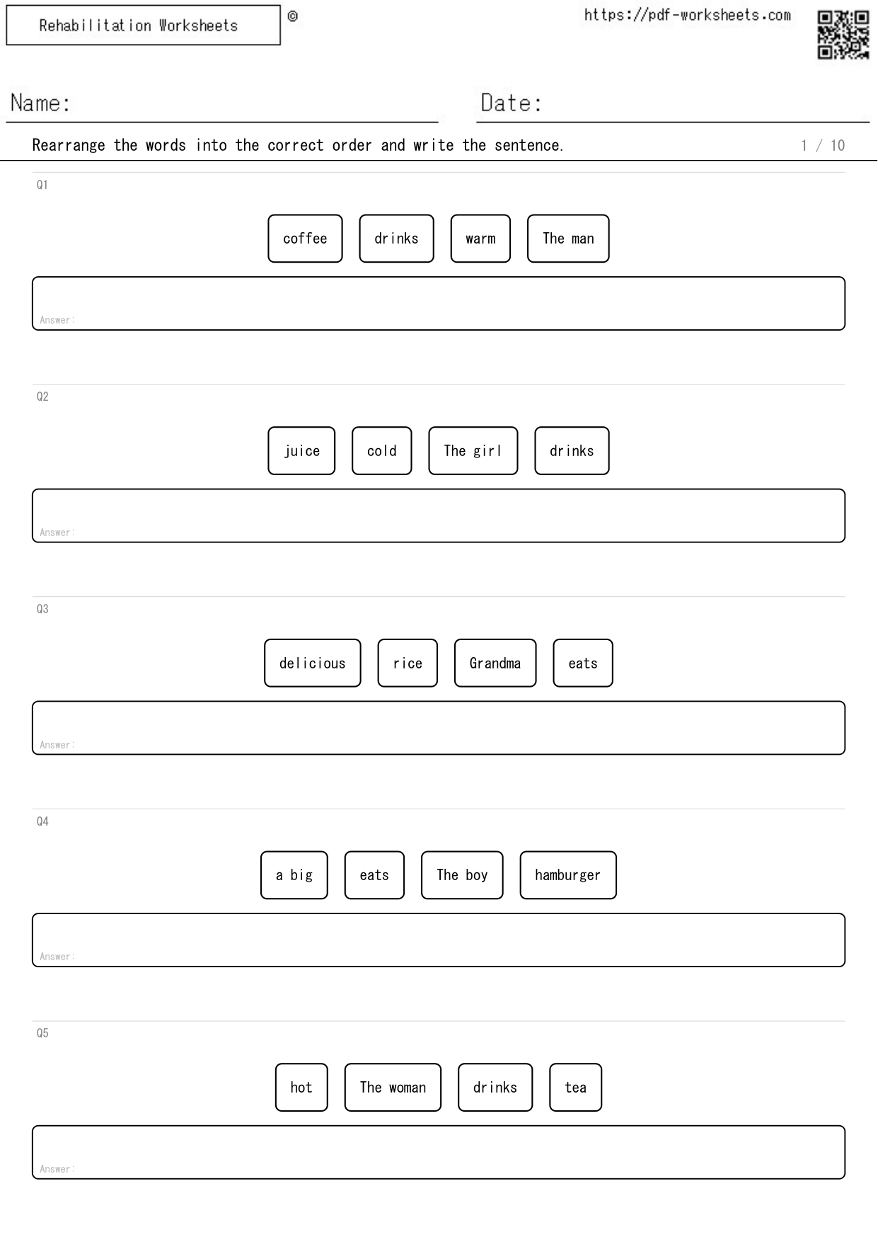 Task to rearrange the words and write the sentence, 4 words (10 sheets)