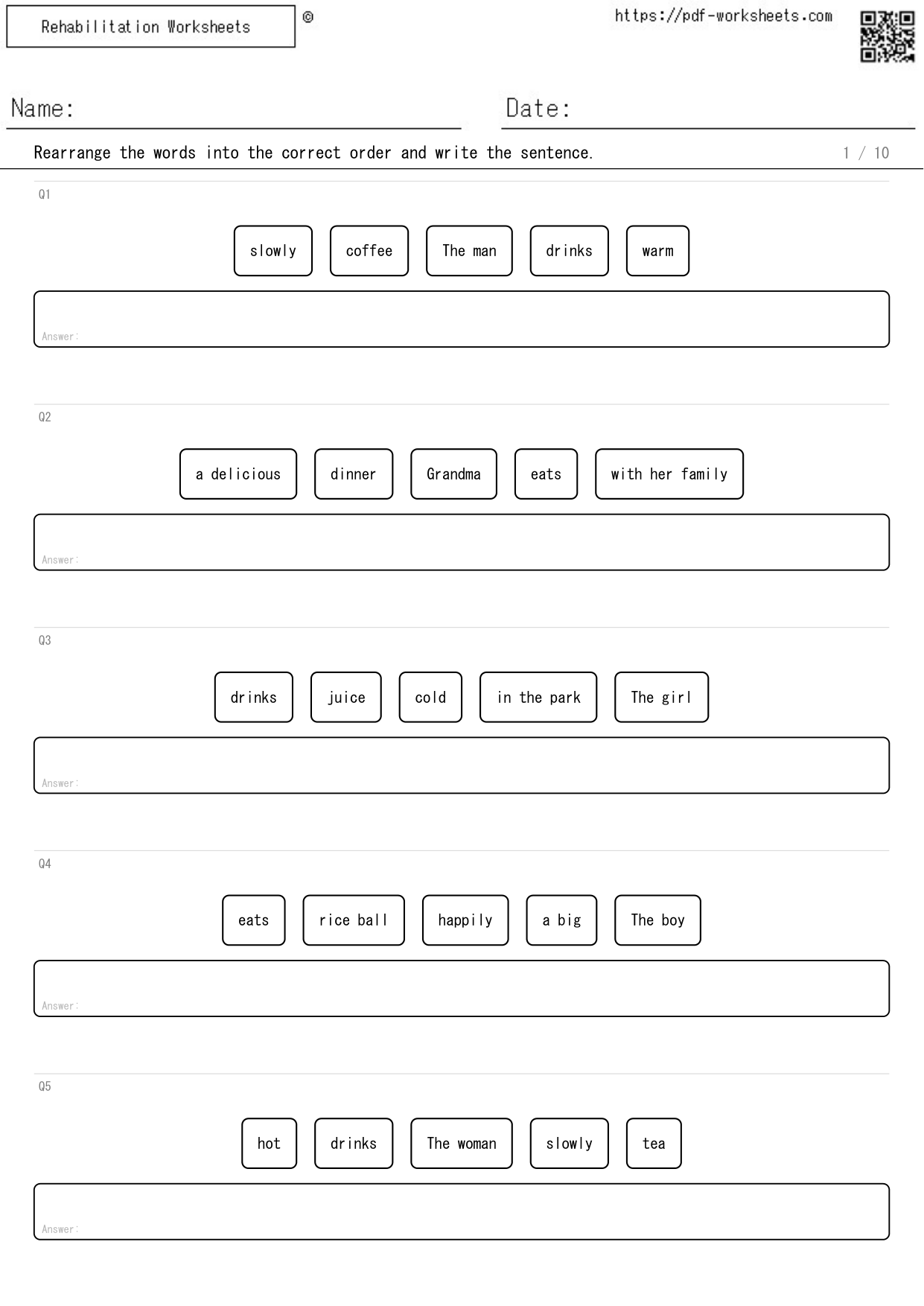 Task to rearrange the words and write the sentence, 5 words (10 sheets)