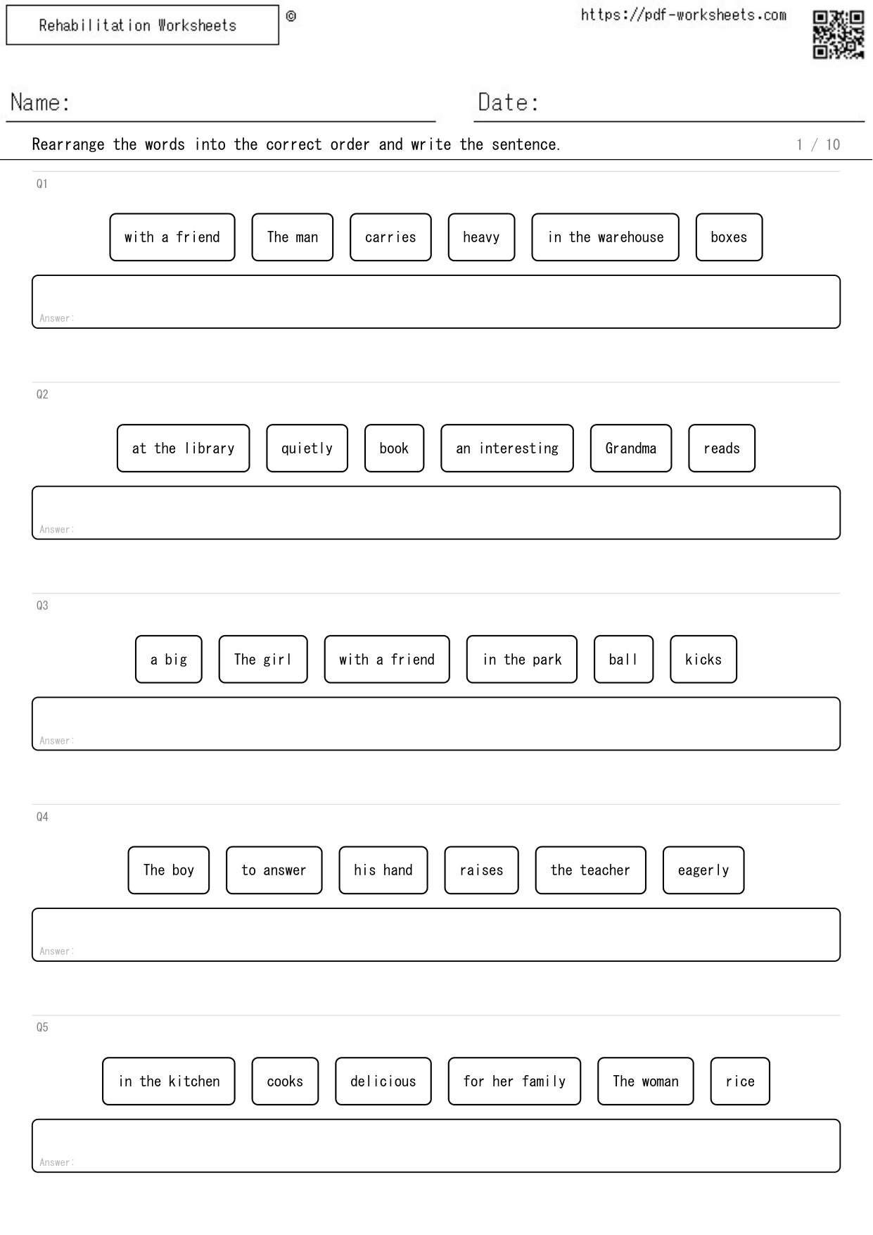 Task to rearrange the words and write the sentence, 6 words (10 sheets)