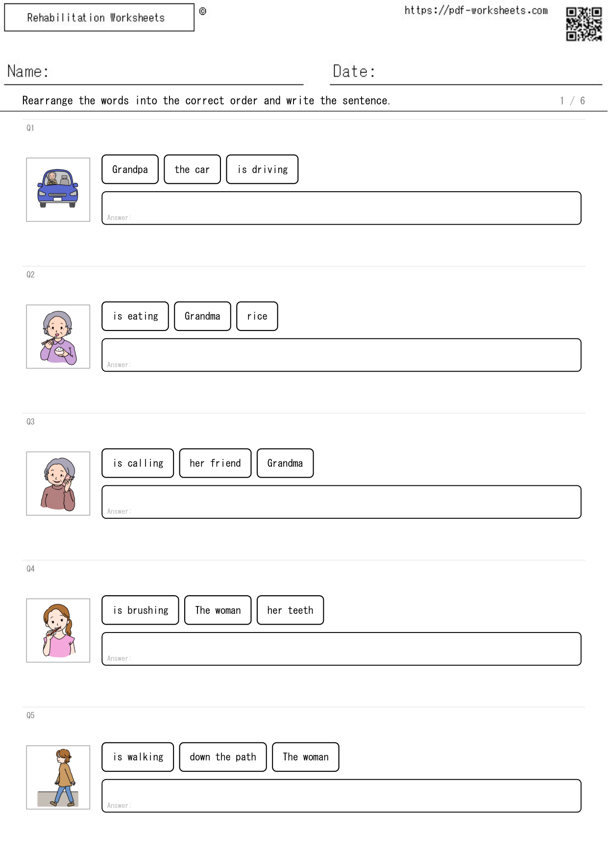 Task to look at the picture, rearrange the words and write the sentence, 3 words, "is ...ing" form (6 sheets)