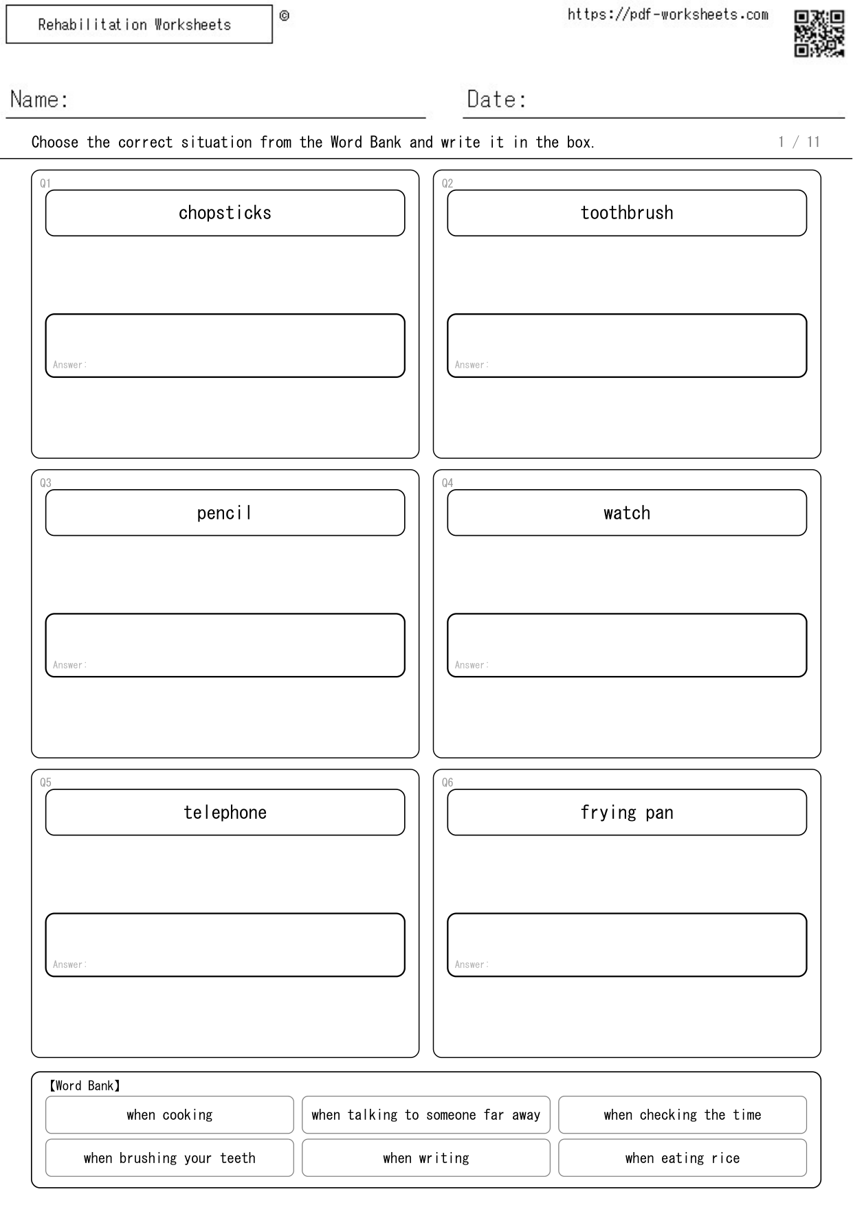 Task to choose when each tool is used from the Word Bank and write it, 6 choices (11 sheets)