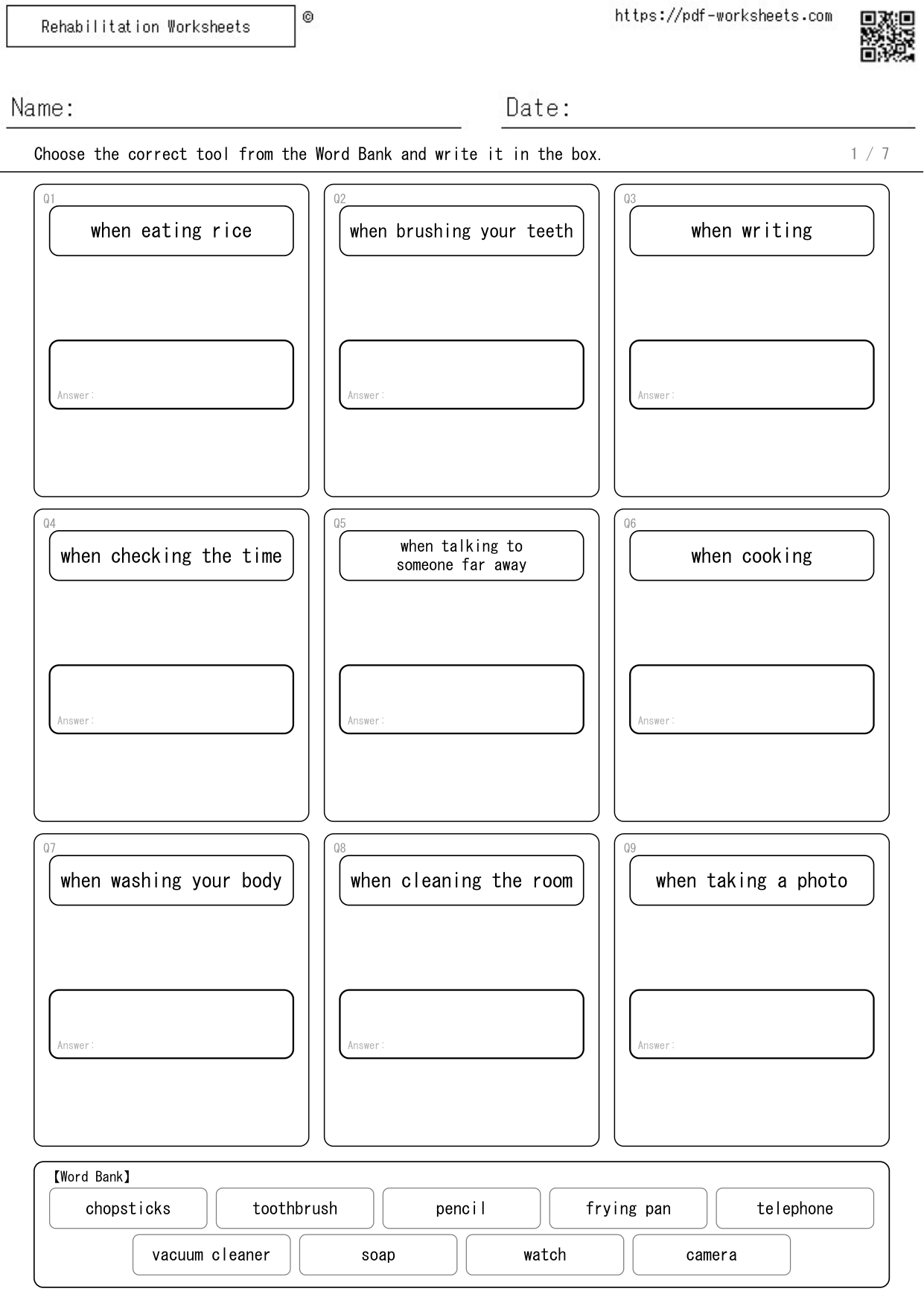 Task to choose the right tool for each situation from the Word Bank and write it, 9 choices (7 sheets)